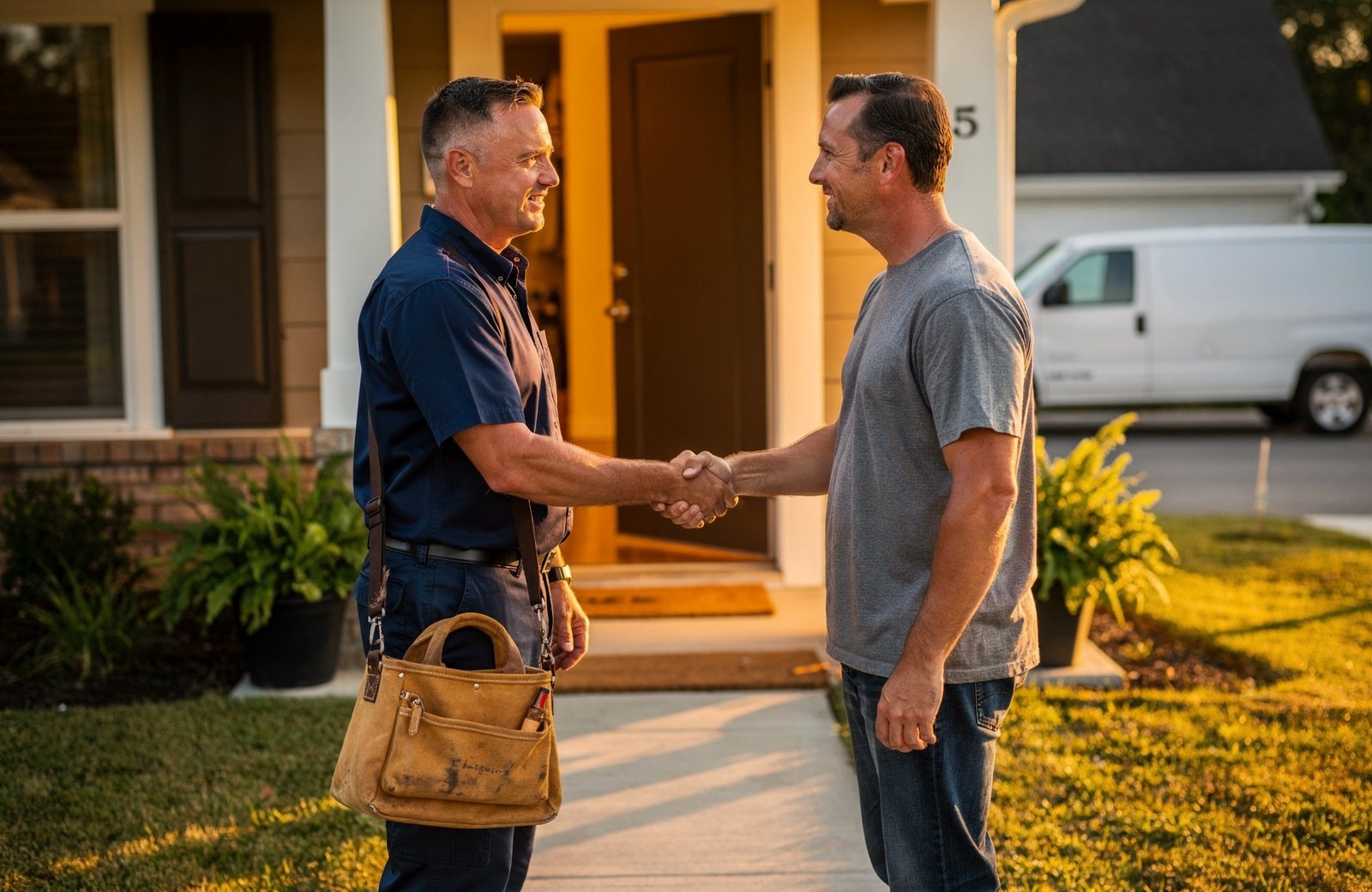 A technician and homeowner shaking hands on the porch at golden hour