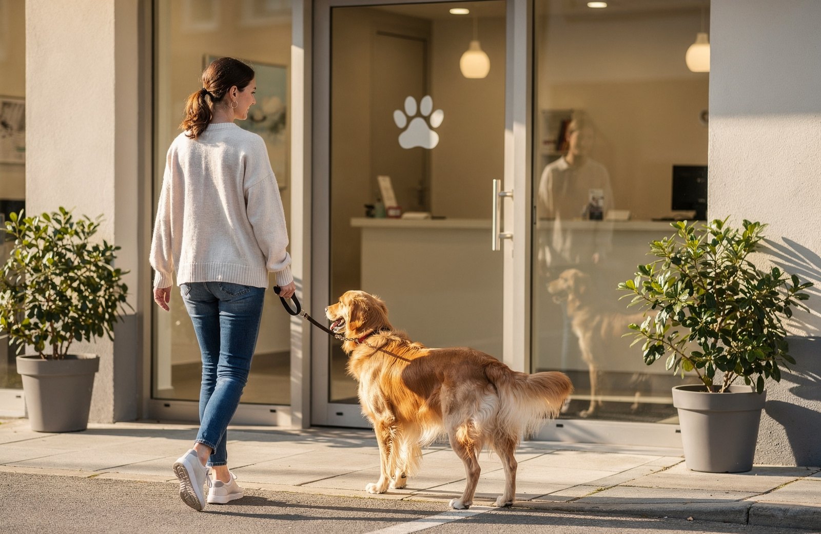An owner and her dog arriving at the veterinary clinic's front door