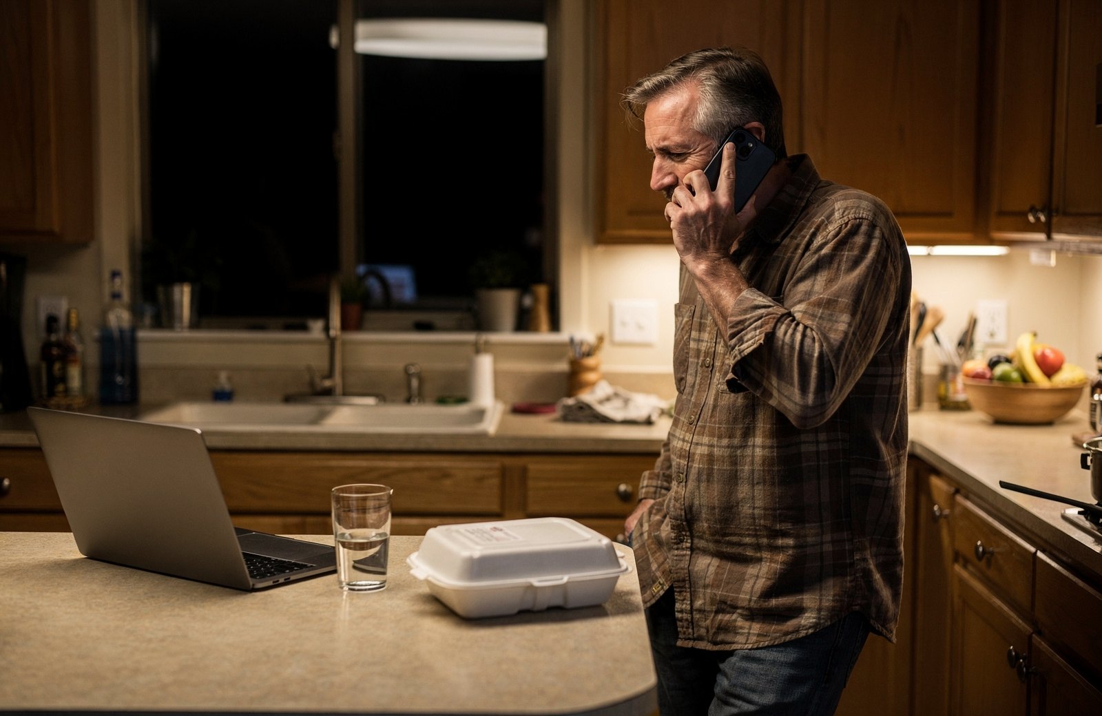 A homeowner on the phone in his kitchen at night, laptop closed